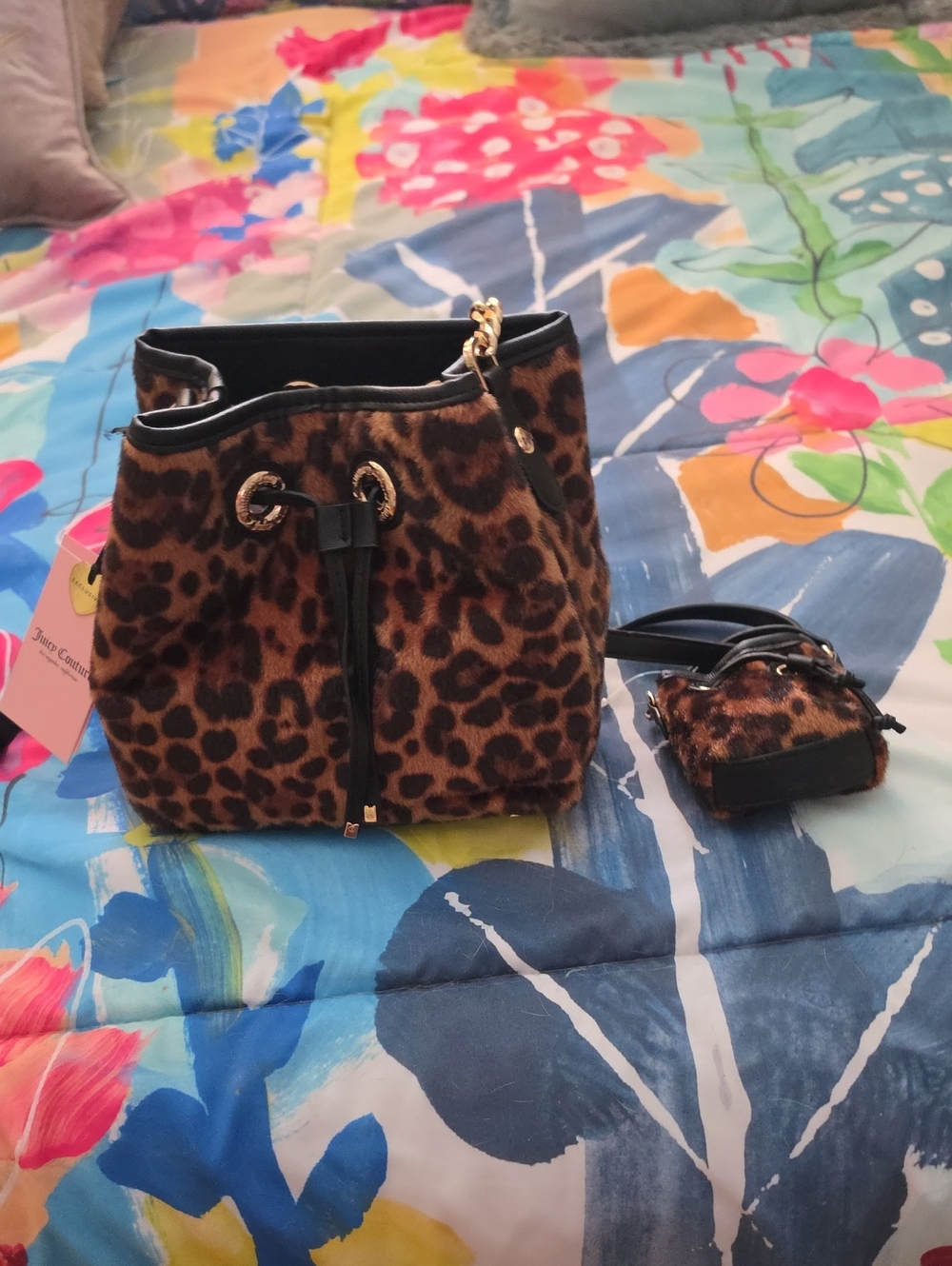 Juicy Couture Leopard Print Faux Fur Bucket Bag with Mini Bucket - Brown & Black